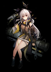  absurdres arknights bare_legs bare_shoulders black_background black_footwear black_gloves boots commentary_request detached_sleeves dress female full_body gloves grey_dress hair_between_eyes hand_up head_tilt highres iku!_iku!! long_hair long_sleeves looking_at_viewer red_eyes short_dress sidelocks simple_background single_glove solo tail thighs weedy_(arknights) white_hair 