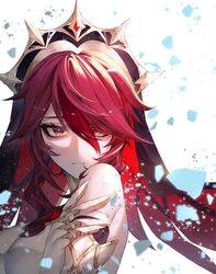  bare_shoulders commentary detached_sleeves female genshin_impact gloves habit hair_over_one_eye hand_up highres kokollet looking_at_viewer medium_hair nun portrait red_eyes red_hair rosaria_(genshin_impact) sidelocks solo swept_bangs white_background white_gloves 