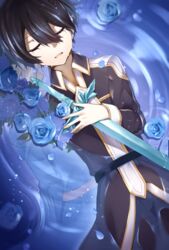  2boys bad_id bad_pixiv_id black_coat black_hair blonde_hair blue_coat blue_flower blue_rose blue_rose_sword closed_eyes coat crying eugeo flower from_above hair_between_eyes highres holding holding_sword holding_weapon kirito long_sleeves lying midnight8sky multiple_boys on_back open_mouth petals rose school_uniform sword sword_art_online sword_art_online:_alicization sword_mastery_academy_school_uniform tears weapon 