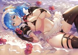  absurdres apron aqua_eyes areolae beach bikini black_bikini black_gloves black_thighhighs blue_hair breasts cleavage female flower gakkou_de_seishun! gloves hands_up hibiscus highres kanzaki_ayane large_breasts latex latex_gloves long_hair looking_at_viewer lying maid maid_apron micro_bikini navel nearly_naked_apron neck_ribbon on_back one_side_up puffy_short_sleeves puffy_sleeves red_flower revealing_clothes ribbon rose sanshoku_amido short_sleeves shrug_(clothing) sidelocks skindentation smile solo stomach string_bikini swimsuit thighhighs thighs tongue tongue_out waist_apron water wet wet_clothes 