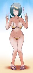  bikini breasts closed_eyes collarbone double_v ero_kaeru facing_viewer female freckles full_body hands_up heart highres knees knees_together_feet_apart lana&#039;s_mother_(pokemon) long_hair mature_female micro_bikini navel open_mouth pigeon-toed pokemon pokemon_(anime) pokemon_sm_(anime) purple_footwear raised_eyebrows sandals smile solo standing sweat swimsuit toes translated v yellow_bikini 