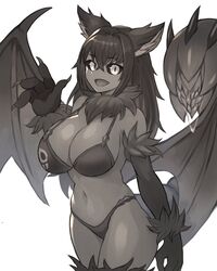  :d animal_ear_fluff animal_ears animal_hands bare_shoulders bikini black_bikini black_fur black_hair black_sclera breasts claws colored_sclera colored_skin commentary commission cowboy_shot dog_ears english_commentary female fusion grey_skin hair_between_eyes hand_up hellhound_(monster_girl_encyclopedia) highres large_breasts long_hair looking_at_viewer manticore_(monster_girl_encyclopedia) monster_girl monster_girl_encyclopedia navel open_mouth second-party_source simple_background smile solo sookmo swimsuit tail tail_pussy waving white_background wings 