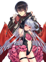  1boy arm_belt armpits arms_up belly belt belt_buckle black_hair black_leotard blue_pupils blunt_ends blush buckle cape chains closed_mouth clothing_cutout collar commentary cover_image cowboy_shot demon_wings detached_sleeves embarrassed female flat_chest frilled_skirt frills fukushuu_wo_koinegau_saikyou_yuusha_wa_yami_no_chikara_de_senmetsu_musou_suru fur-trimmed_sleeves fur_trim gloves grabbing_another&#039;s_wing grey_hair hair_between_eyes hair_spread_out half-closed_eye hand_up height_difference highres holding holding_chain leotard long_hair long_sleeves looking_at_another medium_skirt mixed-language_commentary multiple_thigh_straps navel nose_blush official_art parted_lips pink_eyes pink_skirt purple_pupils raoul_evans red_cape red_eyes red_gloves red_ribbon red_wings restrained ribbon ribbon-trimmed_sleeves ribbon_trim sakamoto_akira short_hair showgirl_skirt simple_background skirt sleeves_past_wrists slit_pupils smile standing stomach_cutout sweatdrop textless_version theodora_(fukushuu_wo_koinegau_saikyou_yuusha_wa_yami_no_chikara_de_senmetsu_musou_suru) thigh_strap very_long_hair white_background wings wrist_belt wrist_cuffs 