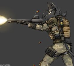  6ironknight9 aiming anthro armor ass backpack bad_2_bad:_extinction bagheera_hook_(b2b_extinction) belt benelli_m4 black_body black_fur breasts camo clothing felid feline female fur gloves gun gunshot handwear hi_res holstered_pistol knee_pads looking_away mammal military_uniform ranged_weapon scarf serious shell_(projectile) shotgun shotgun_shell side_view simple_background small_breasts smoke_grenade solo uniform walkie-talkie weapon yellow_eyes zipper 