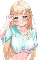  absurdres aqua_shirt blonde_hair blue_eyes blunt_bangs blush breasts character_hair_ornament chest_sarashi commentary_request crop_top embarrassed female hair_ornament hairclip highres hololive kazama_iroha kazama_iroha_(streetwear) kumoru_(kumoru_145) leaf_hair_ornament long_hair medium_breasts midriff navel no_headwear official_alternate_costume pokobee sarashi see-through see-through_shirt see-through_sleeves shirt solo t-shirt twirling_hair upper_body virtual_youtuber 