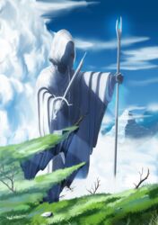  blue_sky branch cliff cloak cloud cloudy_sky commentary_request day fantasy grass hankachi_(okayama012) holding mountain no_humans original outdoors plant rock scenery sky staff statue sword weapon 