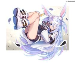  animal_ears ass bandage_on_knee bandage_over_one_eye bandaged_leg bandages bike_shorts black_shorts blue_eyes boots border cape choker commentary_request doll_joints ear_tag elbow_gloves female full_body gloves grey_hair grin highres hika_(cross-angel) hood hugging_object joints knees_up legs legs_up little_witch_nobeta long_hair lying monica_(little_witch_nobeta) official_art on_back outside_border rabbit_ears short_shorts shorts sideless_outfit smile socks solo striped_clothes striped_footwear stuffed_animal stuffed_toy tabard teddy_bear thighs two_side_up very_long_hair white_border white_cape white_footwear white_gloves white_tabard 