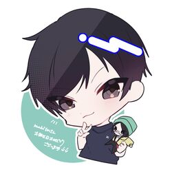  1boy animification black_eyes black_hair black_shirt character_doll character_name chibi doll hair_behind_ear head_tilt highres holding holding_doll killjoy_(valorant) kom0980 makiba_(gamer) male_focus real_life shirt smile solo translation_request v valorant zeta_division 