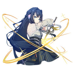  absurdres arknights astesia_(arknights) black_hair blue_eyes braid closed_mouth female highres holding holding_sword holding_weapon long_hair simple_background slashing solo sparkle sword weapon white_background yumuto_(spring1786) 