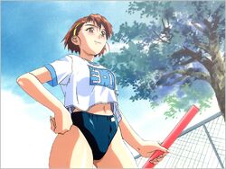  1990s_(style) blue_buruma buruma cowboy_shot day female gym_uniform hairband hand_on_own_hip holding numbered official_art outdoors red_eyes red_hair relay_baton retro_artstyle short_hair short_sleeves smile solo takiguchi_shouko yamada_masaki zenkoku_seifuku_bishoujo_grand_prix 