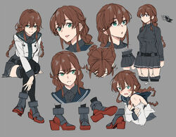  belt black_sailor_collar black_shirt black_skirt braid brown_hair commentary_request cowboy_shot dress_shirt female fugu_custom full_body green_eyes grey_background highres kantai_collection long_sleeves looking_at_viewer looking_to_the_side multiple_views no_gloves noshiro_(kancolle) noshiro_kai_ni_(kancolle) pleated_skirt rudder_footwear sailor_collar sailor_shirt school_uniform serafuku shirt sideways_glance simple_background sitting skirt swept_bangs thighhighs torn_clothes twin_braids upper_body 