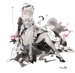  absurdres apron arknights black_dress black_footwear closed_mouth dress earrings female frilled_dress frills full_body grey_eyes grey_hair head_wings highres irene_(arknights) irene_(voyage_of_feathers)_(arknights) jewelry juliet_sleeves jumbowhopper long_hair long_sleeves looking_at_viewer maid maid_headdress mary_janes official_alternate_costume pantyhose ponytail puffy_sleeves shoes simple_background sitting white_apron white_background white_pantyhose wings 