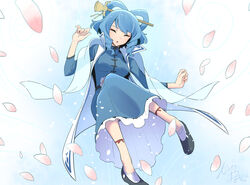  absurdres ankle_socks artist_name black_footwear blue_background blue_dress blue_hair breasts closed_eyes commentary_request dress female full_body hair_ornament hair_ribbon hair_stick hand_up highres invisible_chair kaku_seiga kawayabug medium_breasts medium_hair partial_commentary petals ribbon shawl shoes sitting socks solo touhou vest white_socks white_vest 