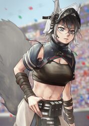  animal_ears arknights ashlock_(arknights) ashlock_(elite_ii)_(arknights) black_shirt breasts cleavage commentary_request crop_top female grey_eyes grey_hair hair_between_eyes headgear highres large_tail looking_at_viewer material_growth medium_breasts midriff navel oripathy_lesion_(arknights) outdoors parted_lips partial_commentary pouch shirt short_hair short_sleeves solo stomach tail tubuan_(tubuan03) upper_body wrist_wrap 