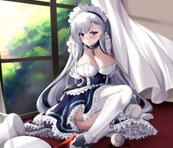  absurdres arms_behind_back azur_lane belfast_(azur_lane) blue_eyes blush braid breasts cleavage closed_mouth collarbone commentary cup dress female floor french_braid full_body garter_straps highres large_breasts long_hair looking_at_viewer maid maid_headdress on_floor shoes simple_background solo teacup thighhighs tray white_hair white_thighhighs window yan_lie 