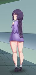  absurdres ass bare_legs boruto:_naruto_next_generations commentary_request dress female from_behind high_heels highres kakei_sumire light_smile lips long_hair looking_at_viewer looking_back naruto_(series) no_panties purple_eyes purple_hair sailor_collar sailor_dress short_dress solo thighs triagorodri twintails 