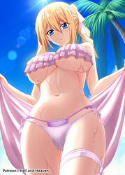  :o angelina_kudou_shields bare_shoulders bikini blonde_hair blue_eyes blue_sky blush breasts cameltoe collarbone commentary cowboy_shot day double_bikini drill_hair female from_below hair_between_eyes hair_ribbon hellandheaven highres holding_sarong large_breasts layered_bikini lens_flare light_rays long_hair looking_at_viewer mahouka_koukou_no_rettousei midriff navel outdoors palm_tree patreon_username ribbon sarong sidelocks sky solo standing sunbeam sunlight swimsuit thigh_strap tree twin_drills twintails underboob unworn_sarong wet white_bikini white_ribbon 