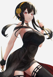  amano_kusatsu artist_logo black_dress black_gloves black_thighhighs breasts closed_mouth contrapposto cowboy_shot dagger dress dual_wielding earrings expressionless female fingerless_gloves floral_print flower gloves gold gold_earrings gold_hairband hair_flower hair_ornament hairband hand_up highres holding holding_dagger holding_knife holding_weapon jewelry knife large_breasts long_hair red_eyes rose rose_print short_hair_with_long_locks sidelocks simple_background sleeveless sleeveless_dress solo spikes spy_x_family thighhighs two-sided_dress two-sided_fabric weapon yor_briar zettai_ryouiki 