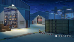  box chinese_commentary chinese_text cloud commentary_request container door forklift ground_vehicle highres industrial light moonslanstudio motor_vehicle night night_sky no_humans original outdoors scenery shelf sky spotlight star_(sky) warehouse 