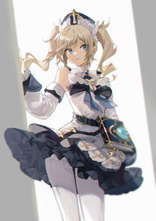  barbara_(genshin_impact) bare_shoulders belt blue_eyes blurry book book_holster bow brooch buri_(retty9349) collar commentary contrapposto cowboy_shot cross detached_collar detached_sleeves dress female genshin_impact grimoire hat headdress highres jewelry large_bow layered_dress light_brown_hair long_sleeves looking_at_viewer medium_hair pantyhose parted_lips protected_link ringlets solo strapless strapless_dress twintails white_collar white_dress white_pantyhose white_sleeves 