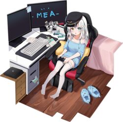  acrylic_stand_(object) animal_crossing animal_slippers ark_order artist_request bed_sheet bedroom black_hat blue_footwear blue_sweater bra_strap braid cat_slippers chair character_name computer_keyboard controller desk drawer female food food-themed_hair_ornament full_body game_console gaming_chair hair_ornament hat holding holding_controller indoors joy-con kagura_gumi kagura_mea kamaboko long_hair long_sleeves looking_at_viewer military_hat monitor mousepad_(object) narutomaki nintendo_switch off-shoulder_sweater off_shoulder official_art open_mouth pillow playstation_4 side_braid sitting slippers solo sticky_note sweater swivel_chair thighhighs transparent_background unworn_slippers virtual_youtuber white_hair white_thighhighs wooden_floor 