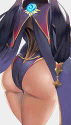  absurdres ass ass_focus bare_legs blue_leotard cape charu commentary_request female from_behind fur_trim genshin_impact hair_ornament highleg highleg_leotard highres leotard mona_(genshin_impact) purple_hair solo star_(symbol) star_hair_ornament thick_thighs thighs twintails 