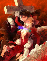  1boy absurdres aqua_gemstone arm_support arm_up at_knifepoint belt belt_buckle black_belt black_gloves black_hair black_pantyhose black_robe blonde_hair blood blood_on_breasts blue_eyes blue_pupils breasts buckle casket check_commentary cleavage collarbone commentary commentary_request cover cover_image cross dagger dress evil_grin evil_smile feet_out_of_frame female flower fukushuu_wo_koinegau_saikyou_yuusha_wa_yami_no_chikara_de_senmetsu_musou_suru fur-trimmed_dress fur-trimmed_sleeves fur_trim gem gloves glowing glowing_eyes grin hair_between_eyes hair_ribbon half-closed_eye hand_on_another&#039;s_ear hand_on_another&#039;s_head hands_up heart heart-shaped_gem highres holding holding_dagger holding_knife holding_weapon hood hood_down hooded_robe knee_up knife large_breasts large_cross layered_dress leaning_forward long_dress long_hair long_sleeves looking_at_another looking_at_viewer multiple_belts nail official_art pantyhose parted_lips plunging_neckline princess_victoria_(fukushuu_wo_koinegau_saikyou_yuusha_wa_yami_no_chikara_de_senmetsu_musou_suru) puffy_long_sleeves puffy_sleeves raoul_evans reclining red_background red_dress red_eyes red_flower red_ribbon red_rose red_theme reverse_grip ribbon ringlets robe rose sakamoto_akira short_hair sideways_glance sleeve_cuffs smile straight teeth textless_version torn_clothes torn_dress torn_pantyhose transparent_weapon upper_teeth_only weapon white_gloves 