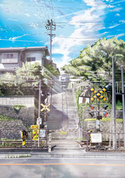  blue_sky boom_barrier building cloud commentary_request day fence grass hankachi_(okayama012) highres house no_humans onomichi_(city) original outdoors plant power_lines railroad_crossing railroad_tracks real_world_location retaining_wall road scenery shade sign sky stairs sunlight tree utility_pole 