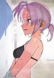  100_percent_orange_juice black_bra blush bra breasts commentary dressing embarrassed female highres indoors medium_hair open_mouth parted_bangs parted_lips ponytail purple_eyes purple_hair shirt small_breasts solo sweat tan tomomo_(orange_juice) toufu_(tofu_prprpr) underwear upper_body white_shirt 