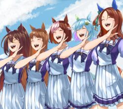  5girls absurdres animal_ears bad_id bad_pixiv_id bow brown_hair closed_eyes commentary danboru_(jdanboru1182) domino_mask el_condor_pasa_(umamusume) golden_generation_(umamusume) grass_wonder_(umamusume) grey_hair hair_ornament hairclip highres horse_ears horse_girl horse_tail king_halo_(umamusume) mask multiple_girls ojou-sama_pose pleated_skirt ponytail school_uniform seiun_sky_(umamusume) skirt special_week_(umamusume) tail tracen_school_uniform umamusume white_hair 