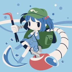  backpack bag blue_footwear blue_hair blue_shirt blue_skirt boots chibi cobalta collar crowbar female green_headwear hair_bobbles hair_ornament hat holding holding_crowbar kawashiro_nitori key mechanical_arms shirt short_hair skirt touhou two_side_up water water_drop white_collar wrench 