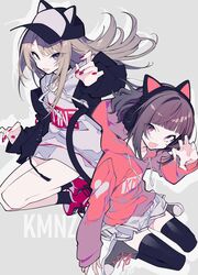  2girls absurdres animal_ear_headphones animal_ears animal_hat black_hair black_jacket black_legwear blonde_hair blunt_bangs cat_ear_headphones cat_hat cat_tail claw_pose collaboration copyright_name eyes_visible_through_hair fake_animal_ears full_body hair_strand hand_up hat headphones highres hood jacket kmnz long_hair long_sleeves looking_at_viewer looking_to_the_side mc_lita mc_liz miniskirt mochizuki_kei multicolored_clothes multicolored_jacket multiple_girls nail_polish oerba_yun_fang open_mouth purple_eyes shoes short_hair sidelocks simple_background skin_fang skirt sleeves_past_wrists smile sneakers socks tail thighhighs thighs tongue tongue_out tsurime virtual_youtuber zettai_ryouiki 