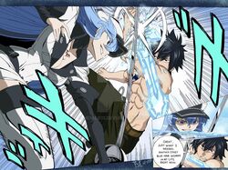  1boy akame_ga_kill! battle black_eyes black_hair blue_eyes blue_hair boots breast_tattoo breasts chest_tattoo choker cleavage commentary crossover crystal_sword english_commentary esdeath evil_grin evil_smile fairy_tail female fighting gray_fullbuster grin hair_between_eyes hat henil031 holding holding_sword holding_weapon ice jewelry large_breasts long_hair military military_uniform muscle necklace peaked_cap sadism smile speech_bubble spiked_hair sword tattoo thigh_boots thighhighs uniform very_long_hair weapon whip_marks 