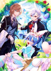  2boys absurdres animal_ears black_jacket blue_dress brown_hair brown_shirt card collared_shirt cup dress egg fake_animal_ears female flower frilled_dress frills grey_hair grey_necktie grey_shirt hair_behind_ear highres jacket kanae_(nijisanji) kom0980 kuzuha_(nijisanji) multiple_boys necktie nijisanji playing_card rabbit_ears red_eyes red_flower red_necktie red_rose rose shirt side_ponytail smile teacup teapot twintails virtual_youtuber yuuki_chihiro 