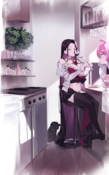  2girls :t absurdly_long_hair ahoge ako_ko_(yaguo) black_thighhighs blush bra brown_hair closed_eyes closed_mouth colored_inner_hair cup drinking_glass eating feline fork hand_on_own_cheek hand_on_own_face highres holding holding_cup holding_fork hug indoors kitchen long_hair long_sleeves multicolored_hair multiple_girls navel no_shoes off_shoulder original oven pink_hair pity_(yaguo) red_bra sailor_collar sitting thighhighs underwear very_long_hair white_hair white_sailor_collar yaguo 