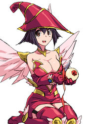  apple apple_magician_girl apple_peel bare_shoulders black_hair boots breasts brown_eyes cleavage clothing_cutout duel_monster elbow_gloves feathered_wings female food fruit garter_straps gloves hair_between_eyes hat high_heels holding holding_food holding_fruit holding_knife kneeling knife large_breasts masunikuru open_mouth peeling pink_wings red_footwear red_gloves red_hat short_hair simple_background solo thigh_boots thighhighs white_background wings yu-gi-oh! 