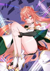  absurdres aqua_eyes azur_lane black_choker black_skirt breasts broken_pillar choker expressionless female floating gold_trim high_heels highres hugging_own_legs impero_(azur_lane) legs long_hair long_legs off_shoulder orange_hair sakamoto_(slopepepepe) shirt skirt solo white_footwear white_shirt 