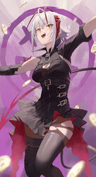  +_+ :d absurdres ambience_synesthesia arknights asymmetrical_sleeves bad_id bad_pixiv_id black_dress black_footwear boots breasts brown_pantyhose buckle cleavage cleavage_cutout clothing_cutout coin dress female gradient_background grey_hair highres horns jumping large_breasts long_sleeves multicolored_hair official_alternate_costume open_mouth outstretched_arms pantyhose purple_background red_hair short_hair short_sleeves smile solo thigh_boots torn_clothes torn_dress torn_pantyhose two-tone_hair underbust w_(arknights) w_(wanted)_(arknights) yellow_eyes zhihuigugudegezi 