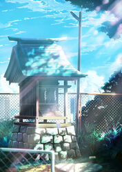  blue_sky building can city cityscape cloud commentary_request day drink_can fence grass hankachi_(okayama012) highres no_humans original outdoors plant religious_offering scenery shade shrine sky soda_can sunlight tree 