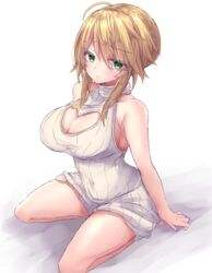  ahoge artoria_pendragon_(fate) artoria_pendragon_(lancer)_(fate) bad_id bad_pixiv_id blonde_hair braid braided_bun breasts cleavage cleavage_cutout clothing_cutout fate/grand_order fate_(series) female green_eyes hair_bun highres kneeling large_breasts meme_attire ribbed_sweater sidelocks simple_background sweater thighs virgin_killer_sweater white_background white_sweater yuuki_shuri 