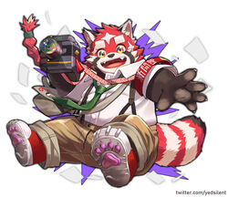  1boy absurdres armband braid braided_ponytail brown_fur brown_pants camera claws collared_shirt commentary fangs fangs_out furry furry_male green_necktie highres holding holding_camera male_focus multicolored_fur necktie outline pants red_fur red_panda_boy red_panda_ears red_panda_tail shirt shoes solo suspenders thick_eyebrows tokyo_afterschool_summoners twitter_username white_background white_fur white_shirt yed_(yedsilent) zhurong_(housamo) 