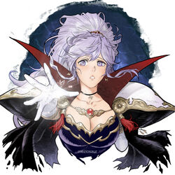  armor breasts choker cleavage collar cross cross_earrings cross_necklace earrings elbow_gloves female fire_emblem fire_emblem:_genealogy_of_the_holy_war fire_emblem_heroes gem gloves ishtar_(fire_emblem) jewelry large_breasts meziosaur necklace pauldrons purple_eyes purple_hair shoulder_armor sidelocks signature tears white_gloves 