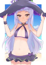  absurdres bare_shoulders beach bikini bikini_skirt blue_sky blunt_bangs breasts choker closed_mouth cloud commentary criss-cross_halter day female grey_hair halterneck hat highres hololive kujou_(vallls_nerla) light_purple_hair long_hair looking_at_viewer murasaki_shion murasaki_shion_(hololive_summer_2019) navel ocean official_alternate_costume outdoors purple_bikini purple_choker sand shadow sidelocks sky small_breasts smile solo standing stomach sunlight swimsuit swimsuit_skirt very_long_hair virtual_youtuber water witch_hat 