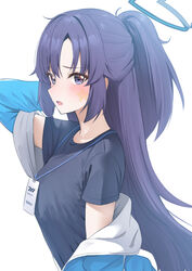  absurdres black_shirt blue_archive blue_jacket blush breasts facepaint female half_updo halo highres jacket jacket_partially_removed lanyard looking_at_viewer medium_breasts official_alternate_costume ponytail purple_eyes purple_hair rei_(ilust9999) shirt simple_background solo star_(symbol) track_jacket upper_body white_background yuuka_(blue_archive) yuuka_(track)_(blue_archive) 