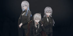  3girls absurdres ahoge an-94 armchair assault_rifle black_gloves black_jacket black_necktie black_pants blue_eyes blue_hair brown_eyes chair chihuri closed_mouth collared_shirt commentary ear_piercing earrings ende_(chihuri) eve_(chihuri) gloves grey_eyes grey_hair gun highres jacket jewelry long_hair multicolored_hair multiple_girls necktie on_chair original pants piercing red_pupils rifle shirt sitting smile streaked_hair stud_earrings weapon white_shirt zoya_petrovna_vecheslova 