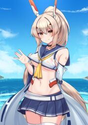  absurdres arm_behind_back ayanami_(azur_lane) ayanami_(retrofit)_(azur_lane) azur_lane bad_id bad_pixiv_id bandaid bandaid_on_arm bandaids_on_nipples bare_shoulders beach belt black_choker blue_sailor_collar blue_skirt blue_sky blush breasts choker cloud collarbone commentary commission cowboy_shot crop_top day detached_sleeves english_commentary female groin hair_between_eyes hair_intakes hair_ornament headgear high_ponytail highres kanta_(kanta_077) long_hair looking_at_viewer midriff miniskirt navel neckerchief ocean orange_eyes outdoors pasties platinum_blonde_hair pleated_skirt ponytail sailor_collar sand school_uniform see-through shirt shirt_tug sidelocks skirt sky sleeveless sleeveless_shirt smile solo standing thighhighs underboob very_long_hair white_belt white_shirt white_sleeves white_thighhighs wide_sleeves yellow_neckerchief zettai_ryouiki 