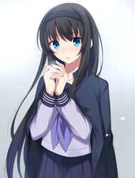  :o black_hair black_headband black_jacket blouse blue_eyes blue_neckerchief blue_serafuku blue_shirt blue_skirt blush breath commentary female headband highres jacket jacket_on_shoulders long_hair long_sleeves looking_at_viewer neckerchief nemu_mohu own_hands_together pleated_skirt school_uniform serafuku shirt sidelocks skirt solo tohno_akiha tsukihime tsukihime_(remake) uniform very_long_hair 