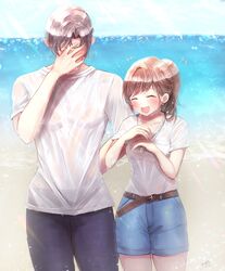  1boy artem_wing_(tears_of_themis) beach belt black_pants blue_shorts blush brown_hair closed_eyes female hand_over_face highres jewelry low_ponytail medium_hair mirin_pengin necklace ocean open_mouth outdoors pants rosa_(tears_of_themis) shirt shorts tears_of_themis wet wet_clothes wet_shirt white_shirt 