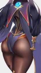  absurdres ass black_pantyhose blue_leotard cape charu female fine_fabric_emphasis from_behind fur_trim genshin_impact hair_ornament highres leotard mona_(genshin_impact) pantyhose purple_hair simple_background solo star_(symbol) star_hair_ornament thick_thighs thighs twintails white_background 