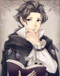  1boy black_cloak book cloak cyrus_albright frilled_sleeves frills hand_on_own_chin haru_(nakajou-28) holding holding_book long_hair male_focus octopath_traveler octopath_traveler_i open_book parted_bangs parted_lips ponytail solo white_background 